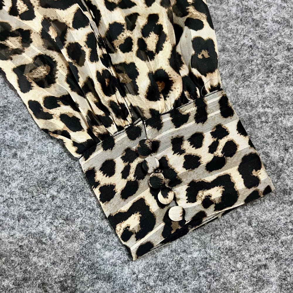H&M Leopard Print Sheer Blouse Womens L Brown Mock Neck Long Sleeve Chic Office - Picture 6 of 12